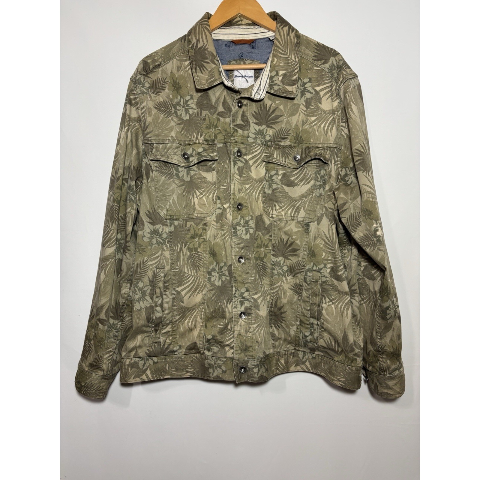Tommy Bahama Mens Xxlt Tea Leaf Camo Print Trucker Jacket Olive Green Safari